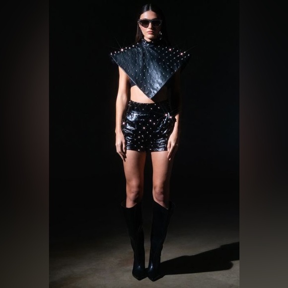 Faux Leather Stud Mock Neck Triangle Blouse & HBIC FAUX LEATHER SPIKE Shorts - Picture 11 of 15